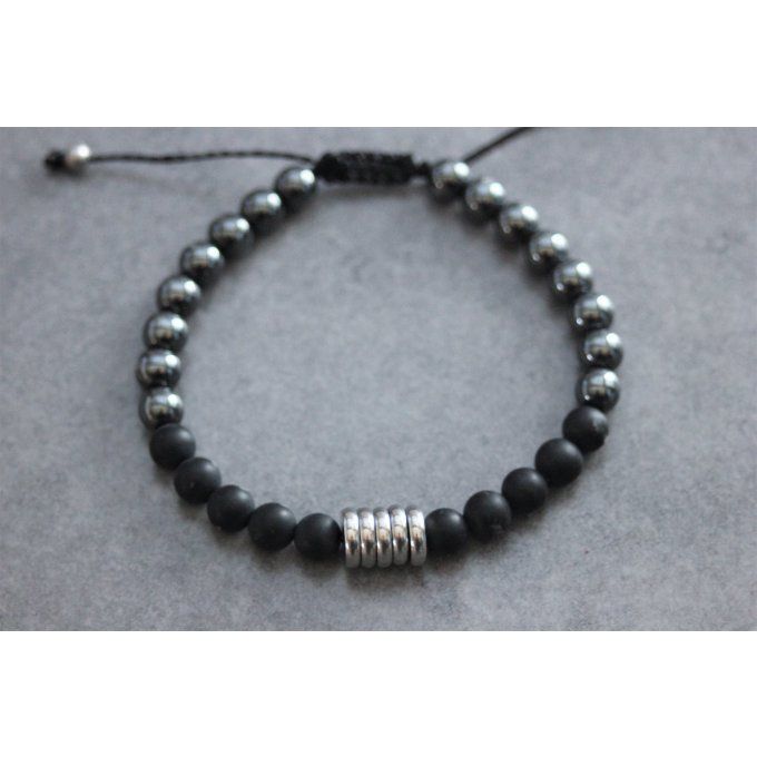 Bracelet perles onyx mat, hématite et acier inoxydable