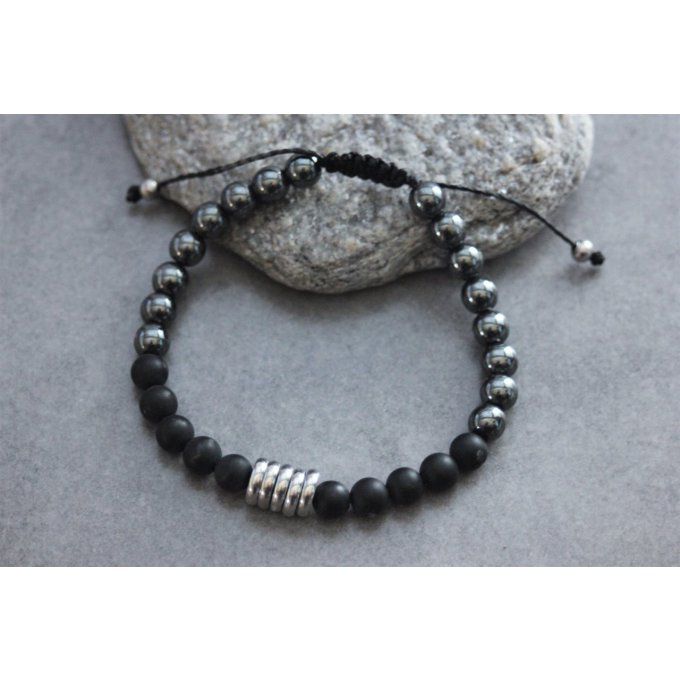 Bracelet perles onyx mat, hématite et acier inoxydable