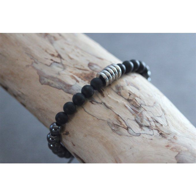 Bracelet perles onyx mat, hématite et acier inoxydable