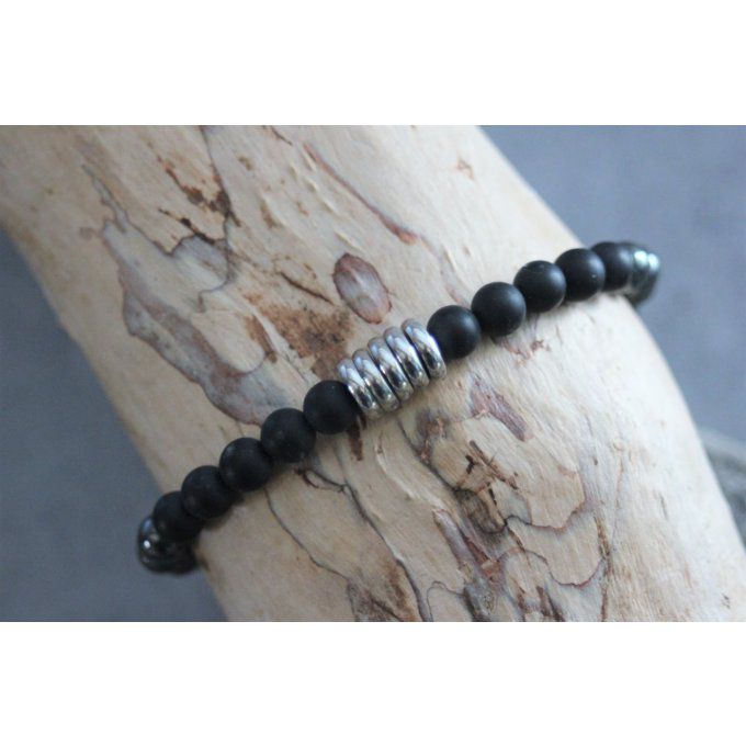 Bracelet perles onyx mat, hématite et acier inoxydable