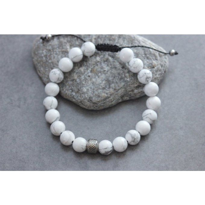 Bracelet perles howlite blanche et acier inoxydable