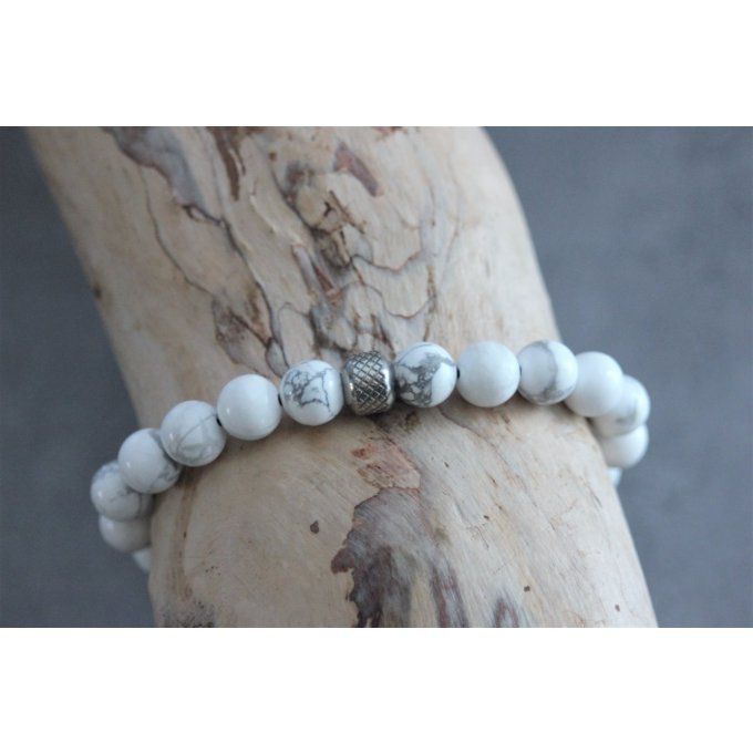 Bracelet perles howlite blanche et acier inoxydable