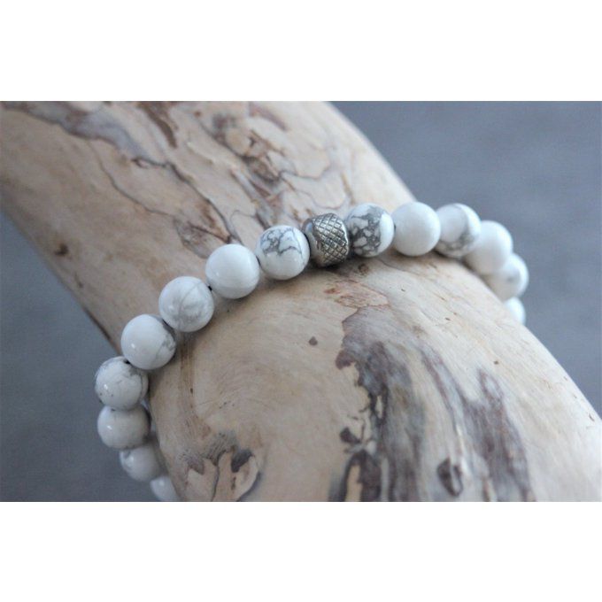 Bracelet perles howlite blanche et acier inoxydable