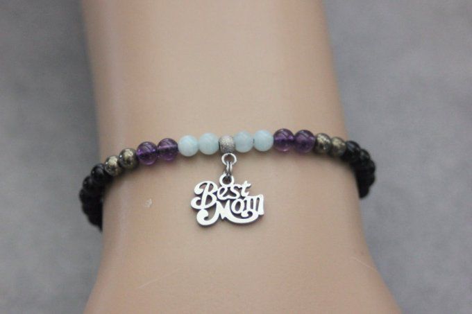 Bracelet perles onyx, améthyste, amazonite, pyrite et breloque Best Mom en acier 