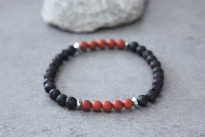 Bracelet perles jaspe rouge mat et pierre de lave