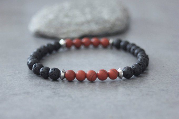 Bracelet perles jaspe rouge mat et pierre de lave