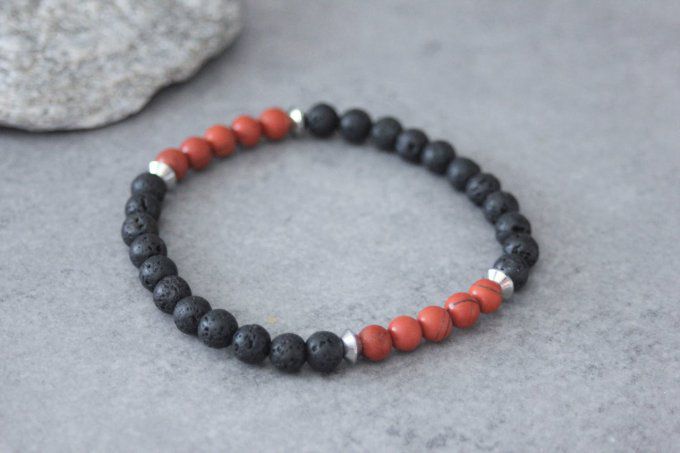 Bracelet perles jaspe rouge mat et pierre de lave