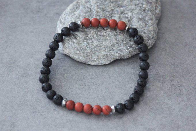 Bracelet perles jaspe rouge mat et pierre de lave