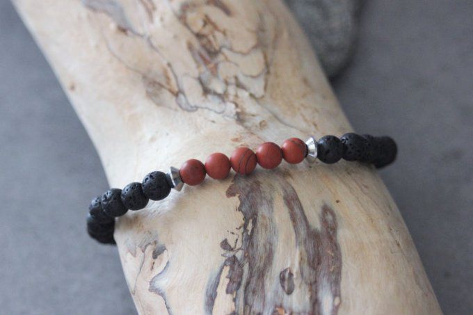 Bracelet perles jaspe rouge mat et pierre de lave