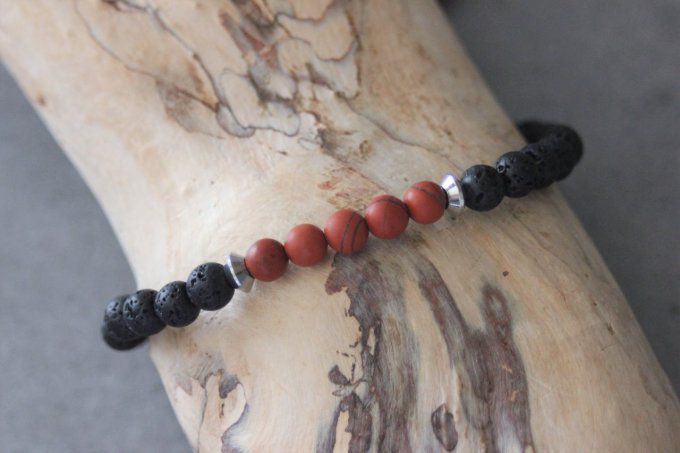 Bracelet perles jaspe rouge mat et pierre de lave