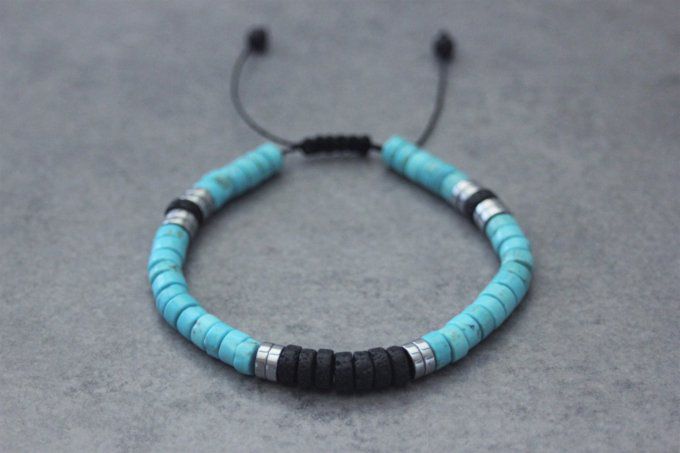 Bracelet perles heishi en turquenite, pierre de lave et hématite argenté 