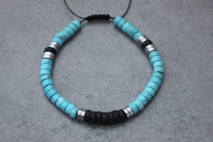 Bracelet perles heishi en turquenite, pierre de lave et hématite argenté 