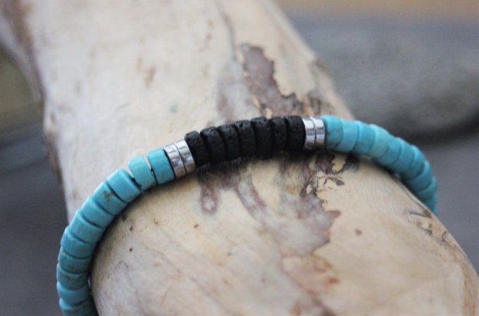 Bracelet perles heishi en turquenite, pierre de lave et hématite argenté 
