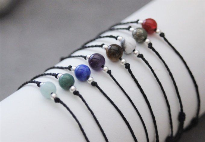 Bracelet cordon perle en pierre naturelle au choix et perles argent massif