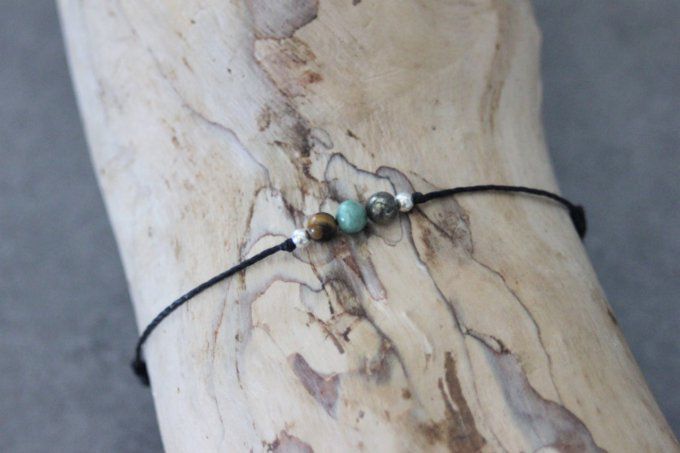 Bracelet cordon 3 perles, pyrite, australian dragon blood jade, oeil de tigre et argent massif