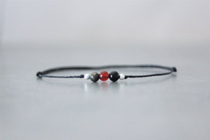 Bracelet cordon 3 perles, pyrite, agate rouge, onyx & argent massif 