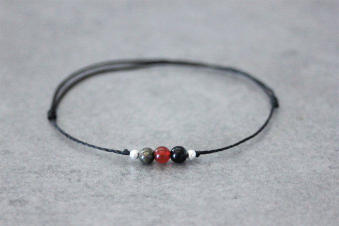 Bracelet cordon 3 perles, pyrite, agate rouge, onyx & argent massif 