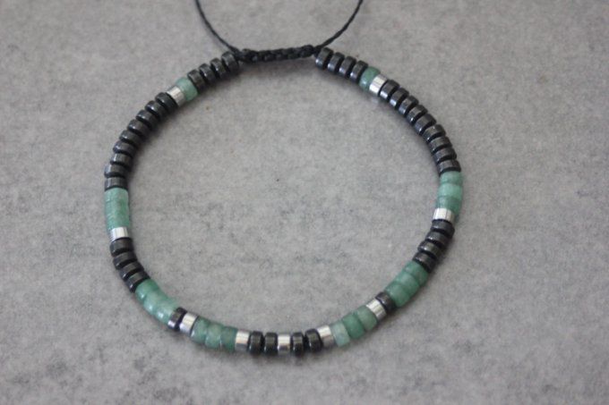 Bracelet perles heishi en aventurine émeraude, hématite et hématite argentée