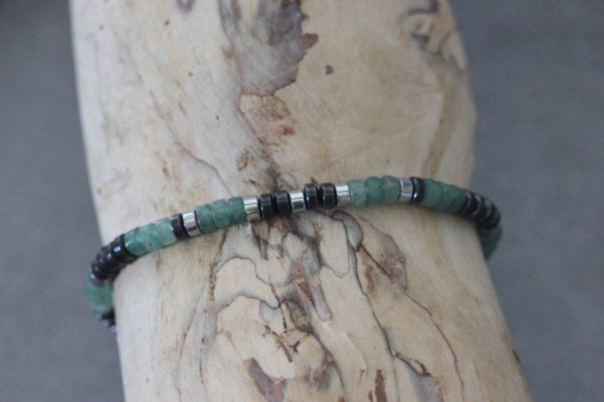 Bracelet perles heishi en aventurine émeraude, hématite et hématite argentée