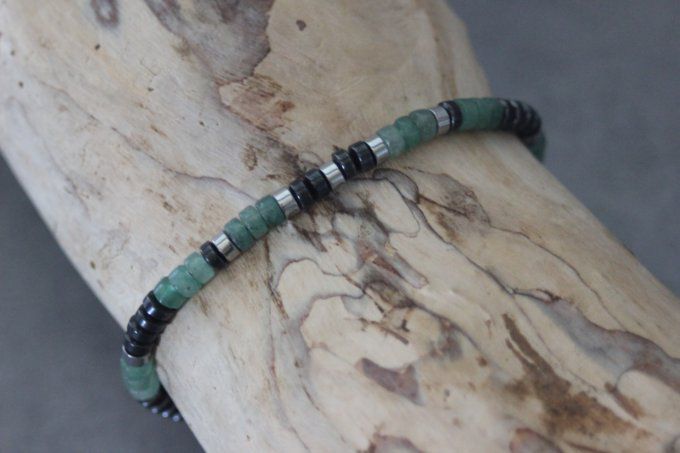 Bracelet perles heishi en aventurine émeraude, hématite et hématite argentée