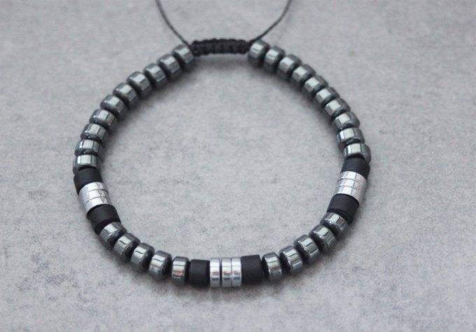 Bracelet perles heishi en hématite, hématite argentée et onyx mat