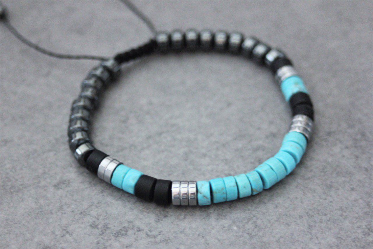 bracelet homme perles heishi en fimo turquoise, noir et gris