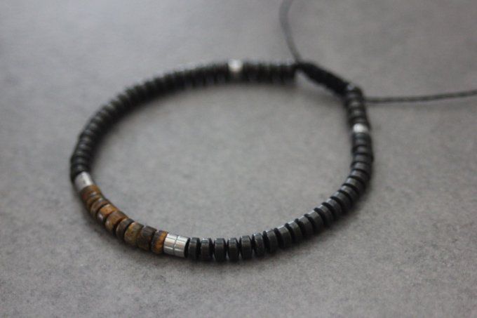 Bracelet perles heishi en oeil de tigre, hématite et hématite argenté 