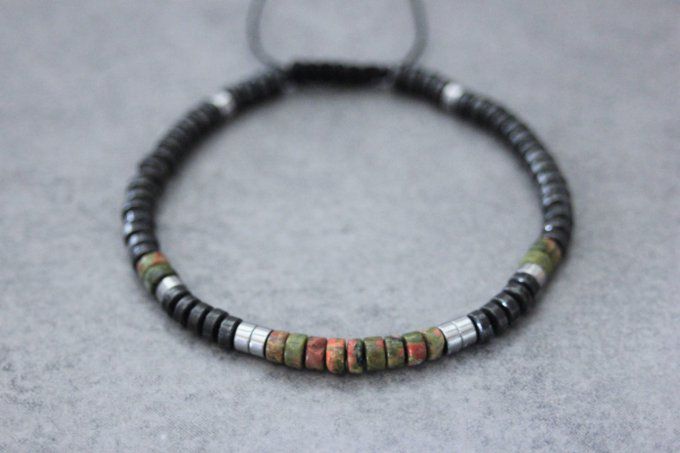 Bracelet perles heishi en unakite, hématite et hématite argenté