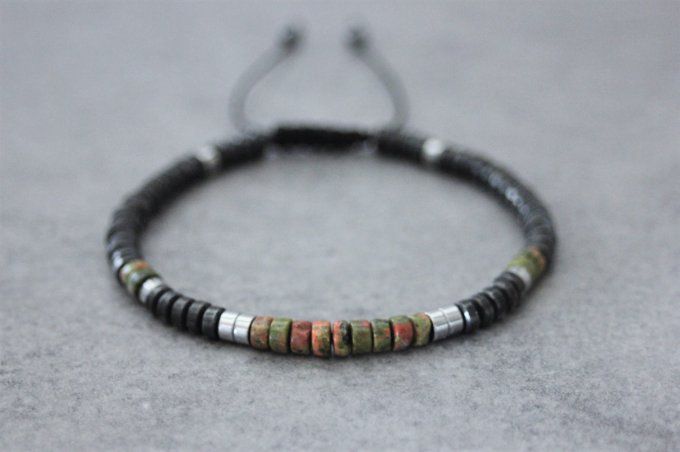 Bracelet perles heishi en unakite, hématite et hématite argenté