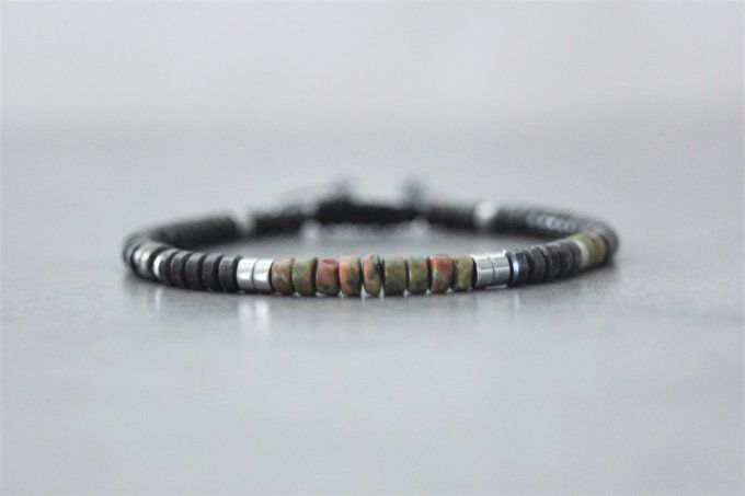 Bracelet perles heishi en unakite, hématite et hématite argenté