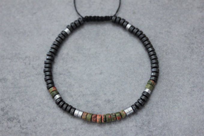 Bracelet perles heishi en unakite, hématite et hématite argenté