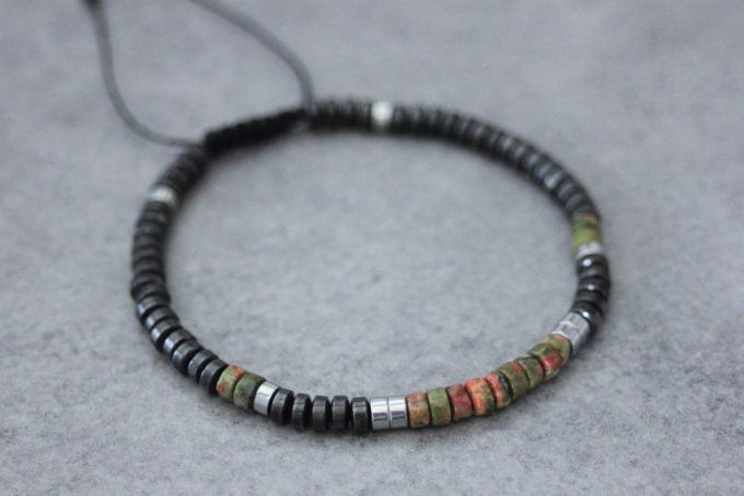 Bracelet perles heishi en unakite, hématite et hématite argenté