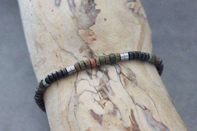 Bracelet perles heishi en unakite, hématite et hématite argenté