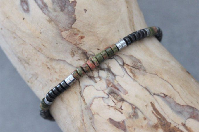 Bracelet perles heishi en unakite, hématite et hématite argenté