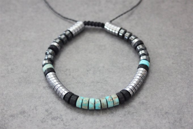 Bracelet perles heishi en jaspe impérial, pirerre de lave et hématite