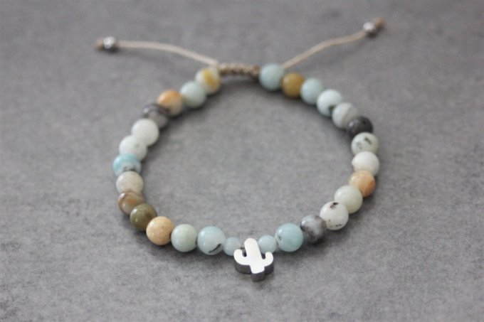 Bracelet perles amazonite arc en ciel et cactus en acier inoxydable