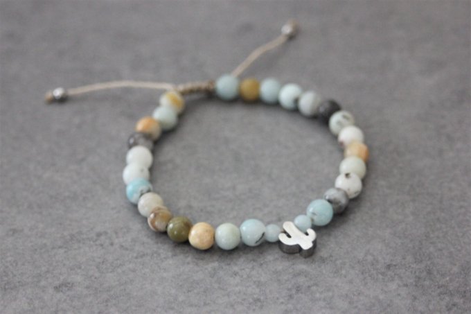 Bracelet perles amazonite arc en ciel et cactus en acier inoxydable