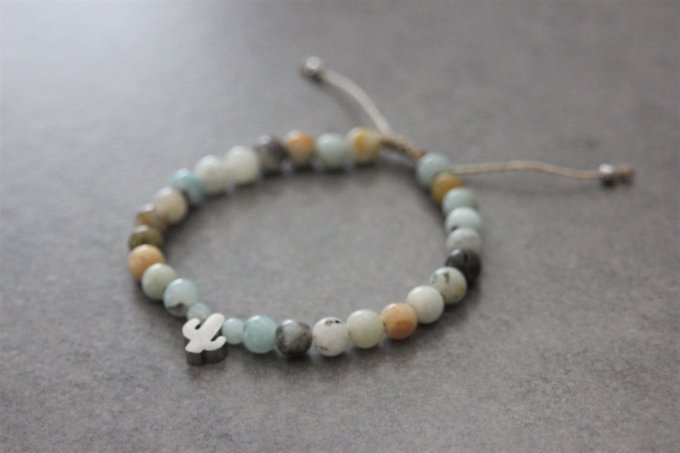 Bracelet perles amazonite arc en ciel et cactus en acier inoxydable