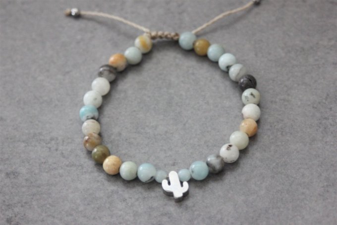 Bracelet perles amazonite arc en ciel et cactus en acier inoxydable