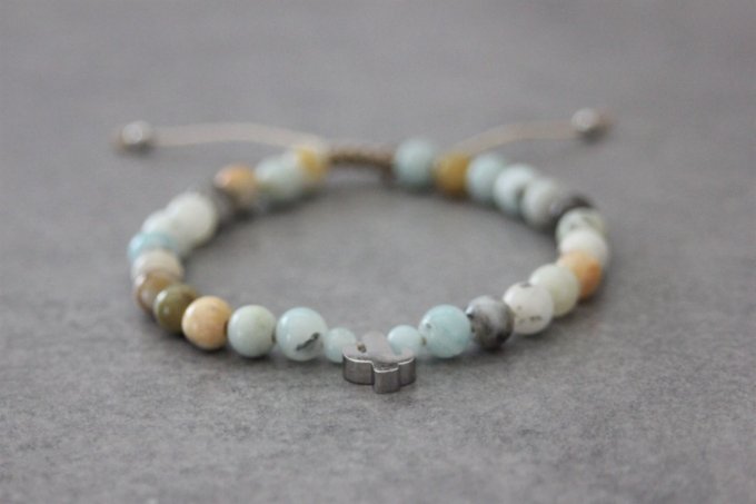 Bracelet perles amazonite arc en ciel et cactus en acier inoxydable