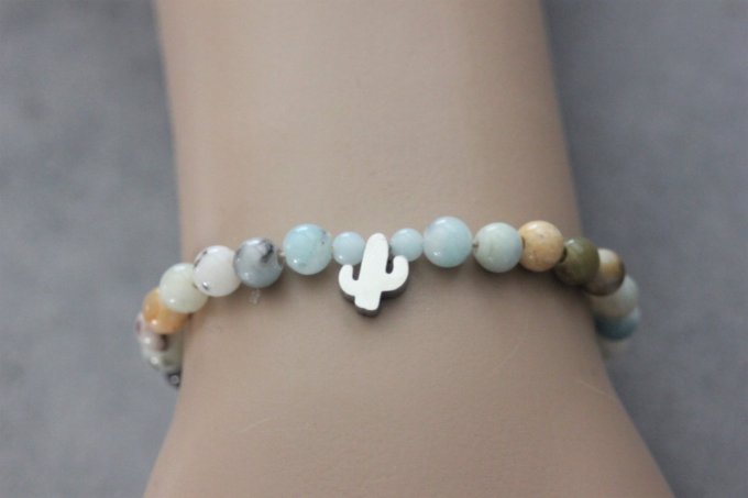 Bracelet perles amazonite arc en ciel et cactus en acier inoxydable