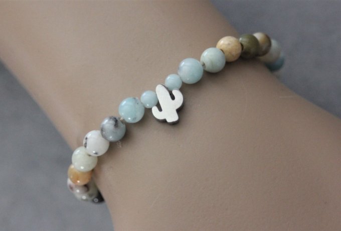 Bracelet perles amazonite arc en ciel et cactus en acier inoxydable