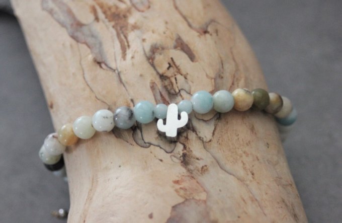 Bracelet perles amazonite arc en ciel et cactus en acier inoxydable