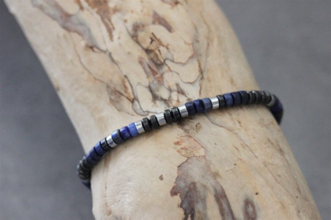 Bracelet perles heishi en lapis lazuli, hématite et hématite argentée 