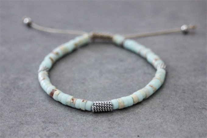 Bracelet perles heishi en jaspe impérial et tubes barbelé acier inoxydable