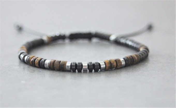 Bracelet perles heishi en oeil de tigre, hématite et hématite argentée