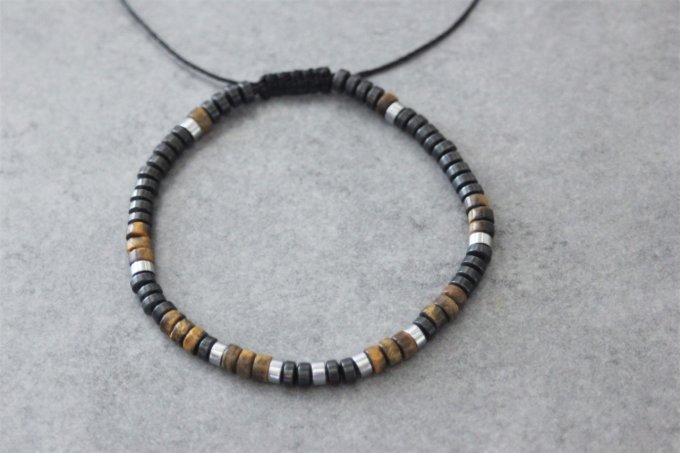 Bracelet perles heishi en oeil de tigre, hématite et hématite argentée