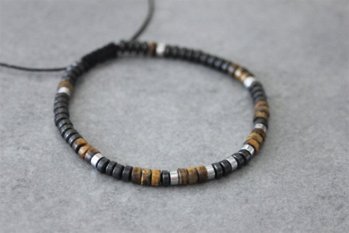 Bracelet perles heishi en oeil de tigre, hématite et hématite argentée