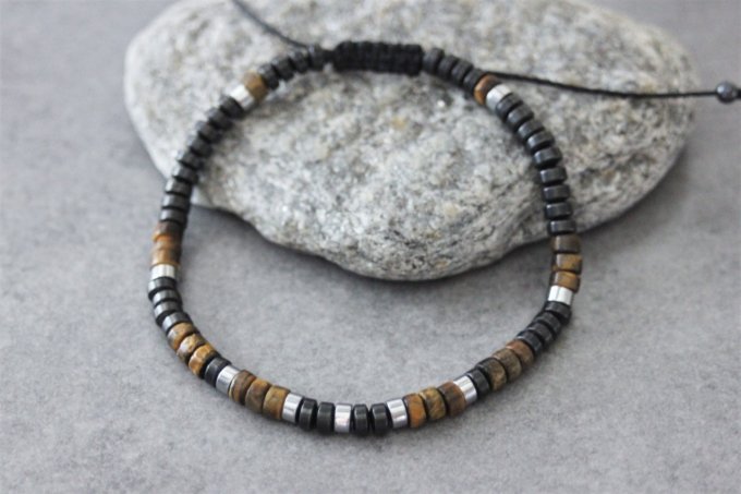 Bracelet perles heishi en oeil de tigre, hématite et hématite argentée