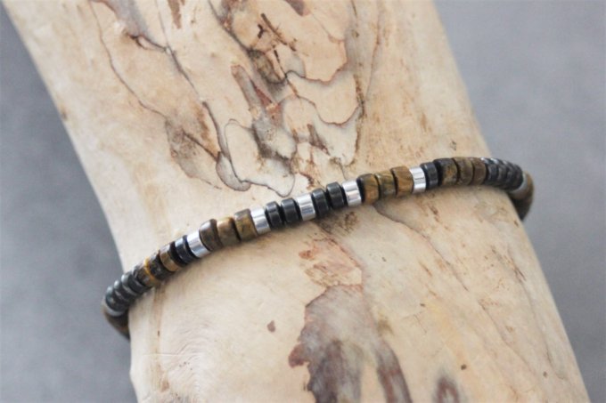 Bracelet perles heishi en oeil de tigre, hématite et hématite argentée